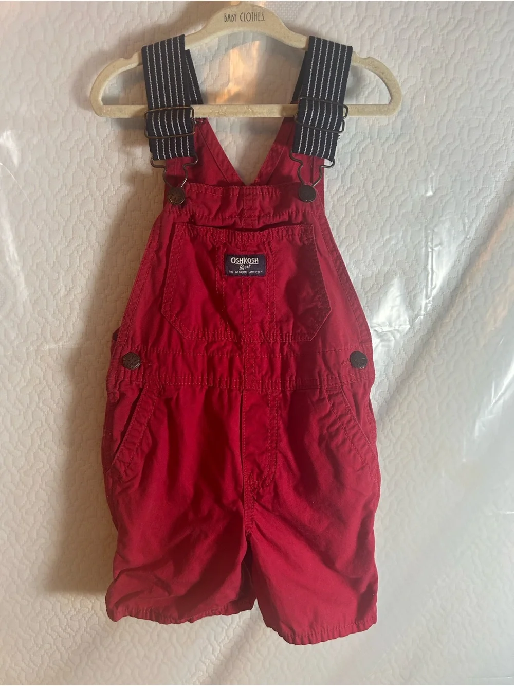 OshKosh B'gosh Bright Red Short Overalls with Striped Straps